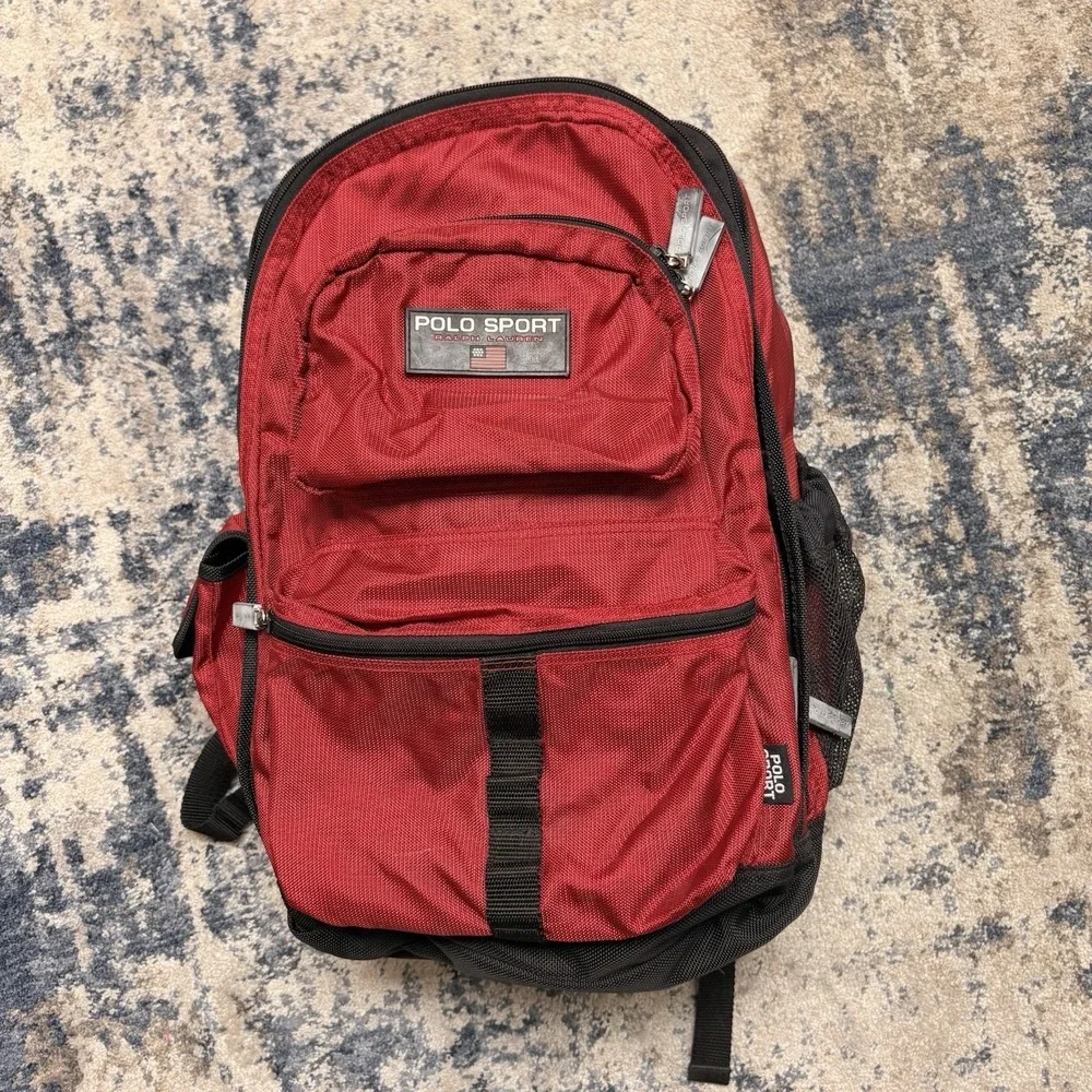 Vintage Polo Sport Ralph Lauren Red Backpack USA Flag Logo 90s Nylon